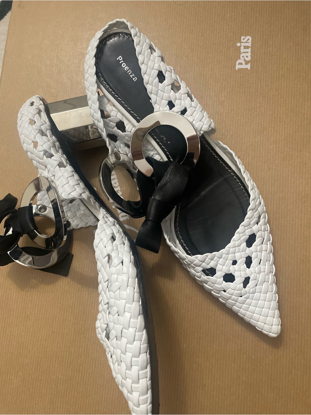 Proenza Schouler White Woven Pointed-Toe Mules with Silver Rings